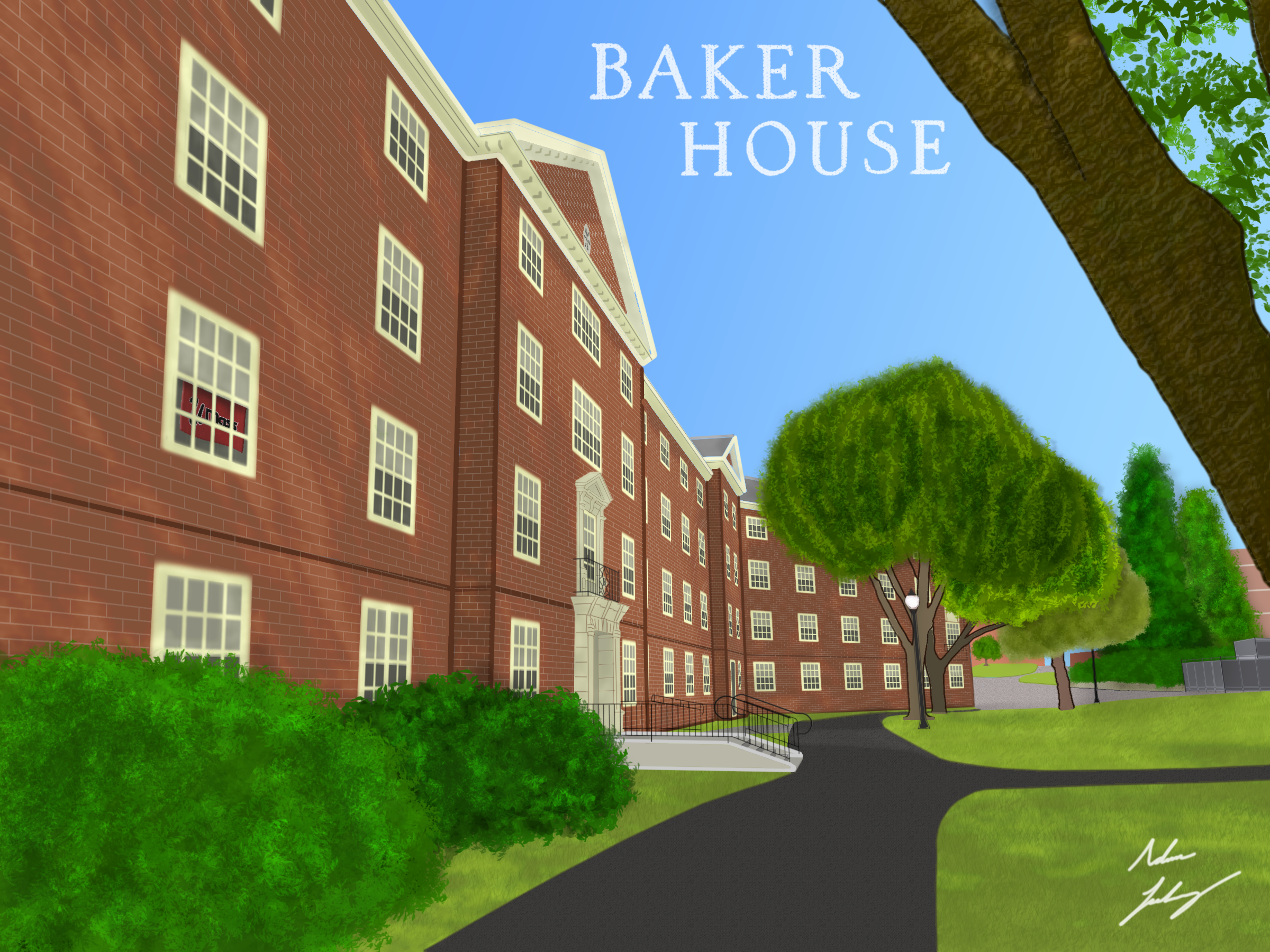 A drawing of Baker House at UMass