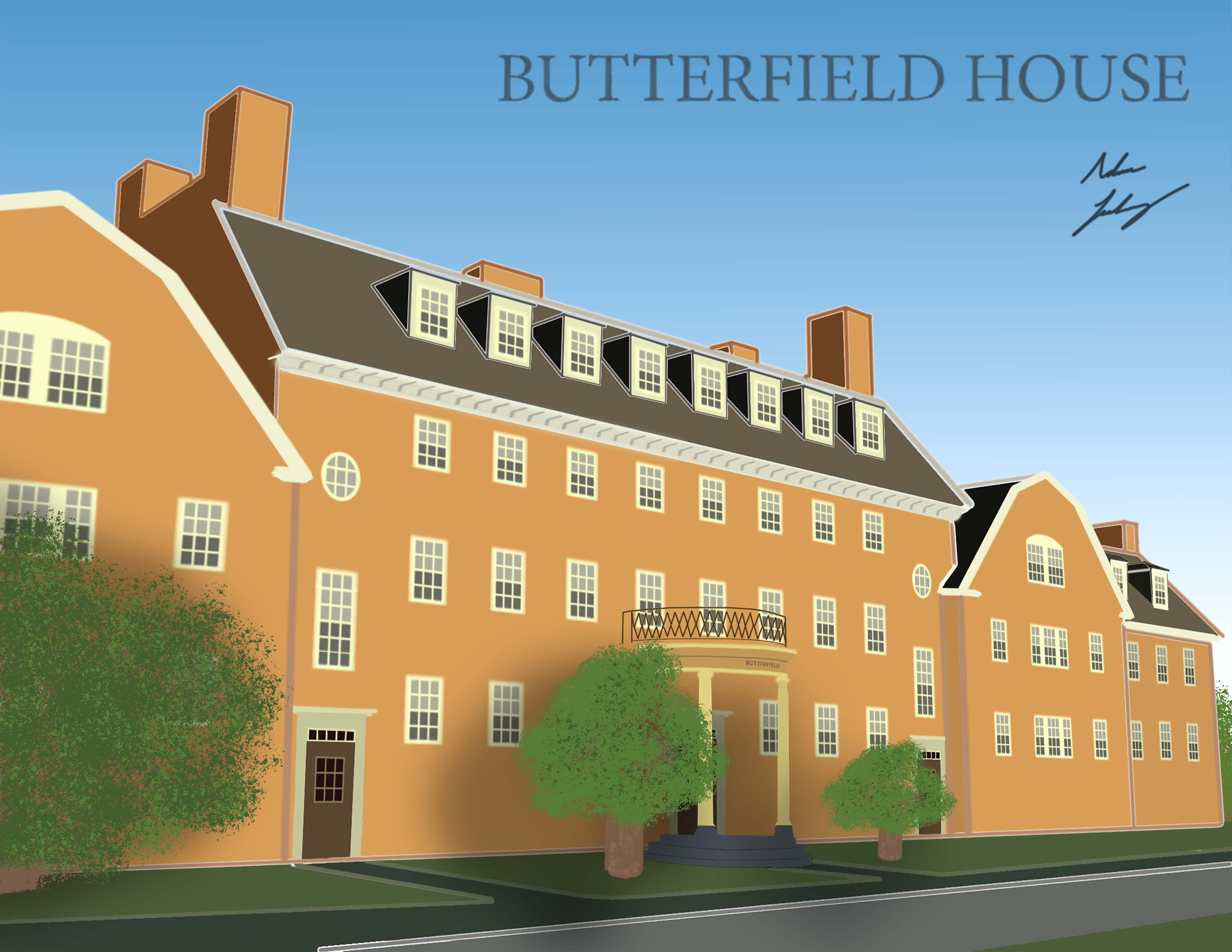 A drawing of Butterfield House at UMass