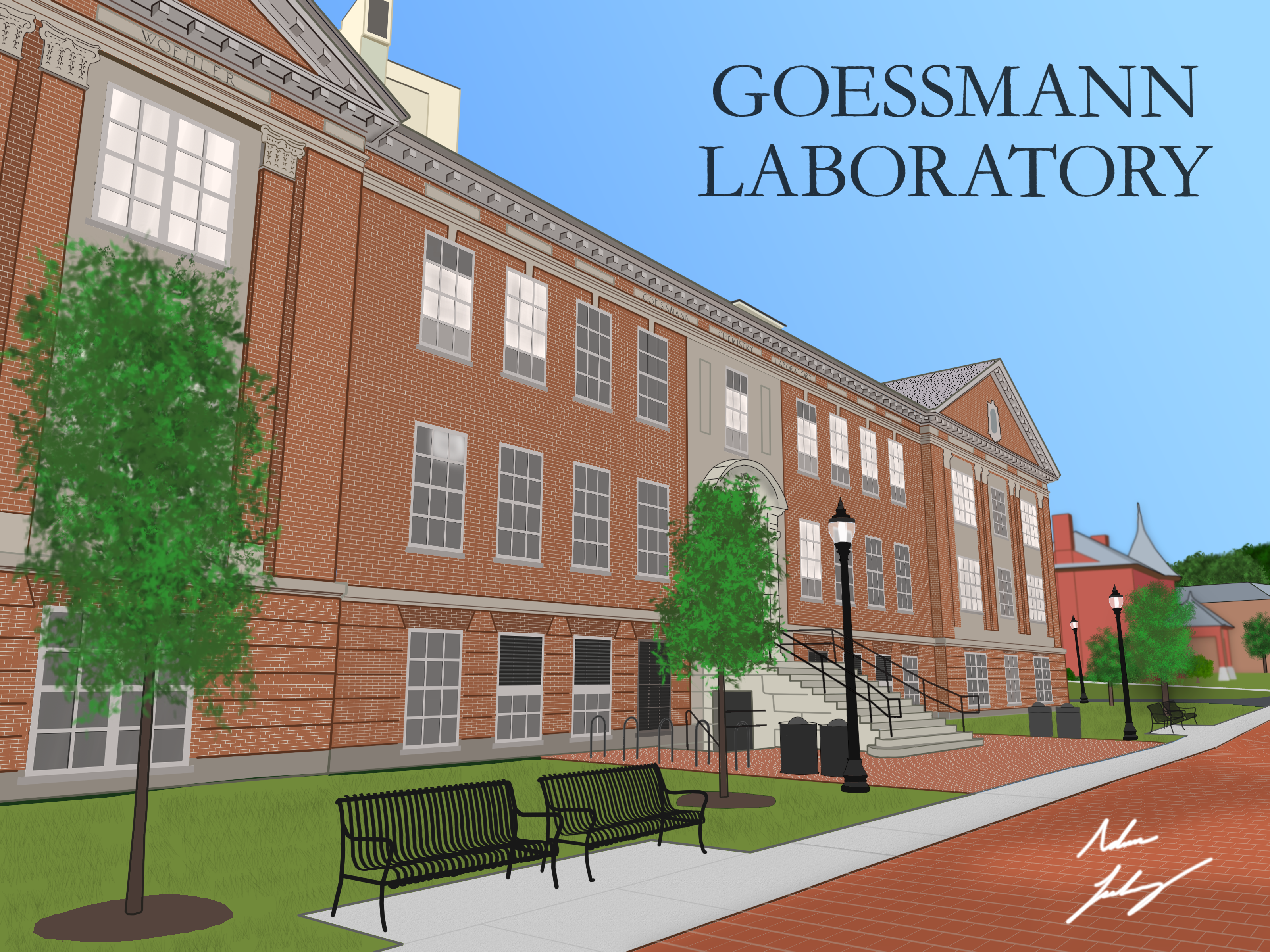 A drawing of Goessmann Laboratory at UMass