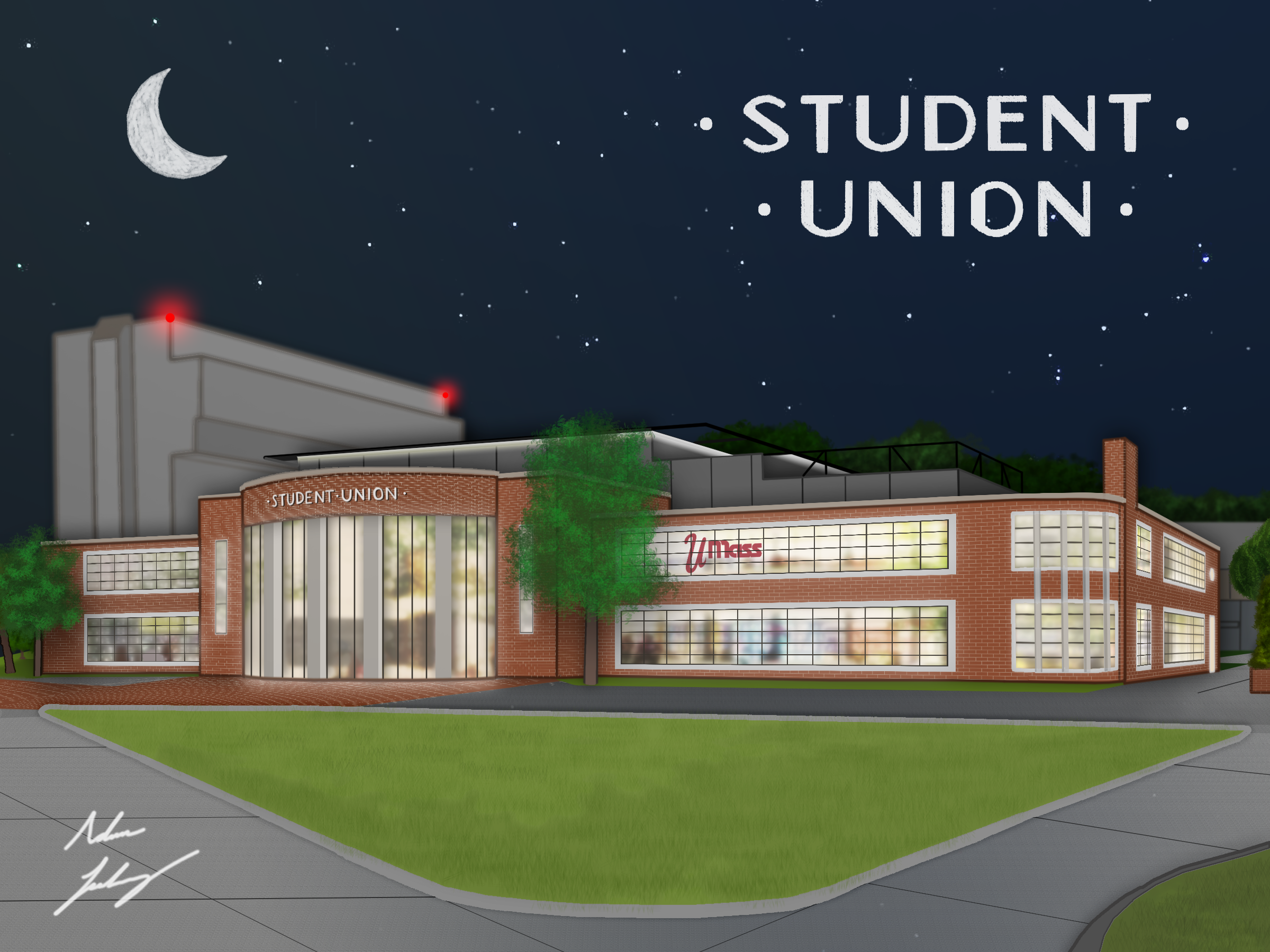 A drawing of the Student Union at UMass