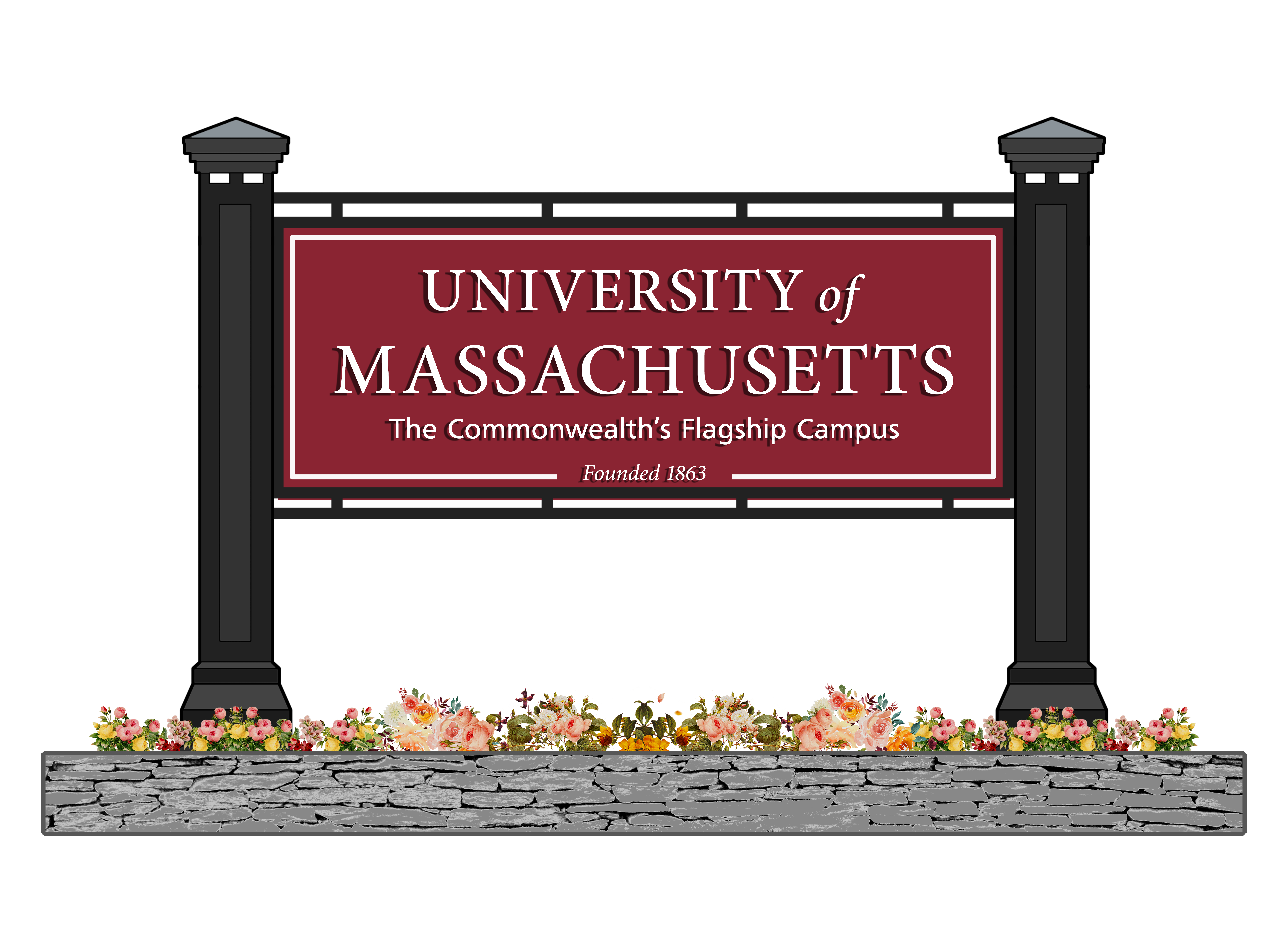 A digital drawing of the welcome sign at UMass